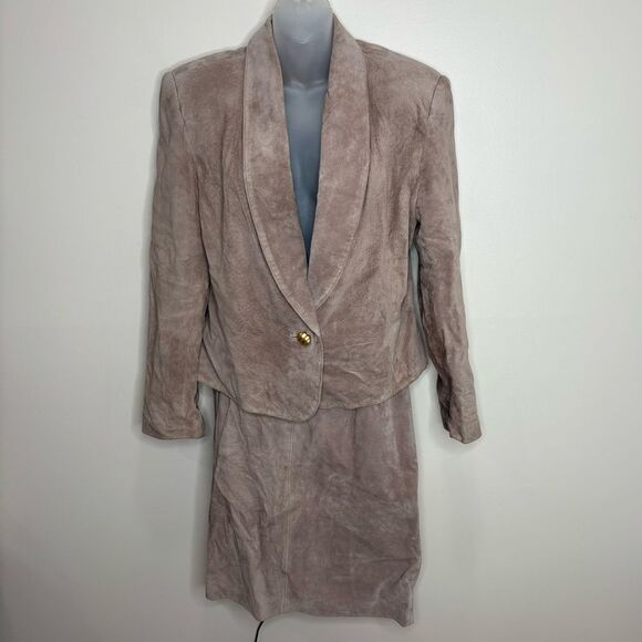Lord & Taylor 100% Silky Pig Suede Brown Set Skirt Blazer size 10 / 12 vintage - Picture 1 of 10